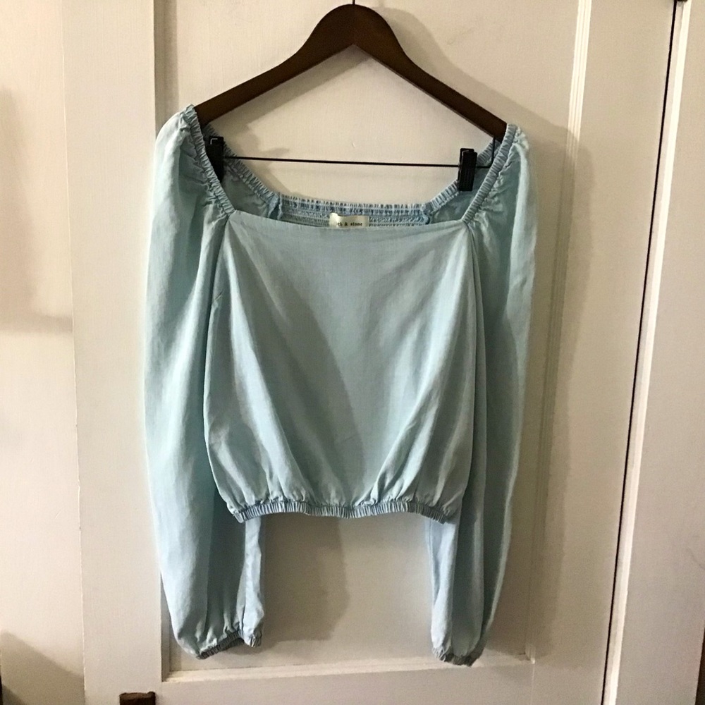 Cloth & Stone Chambray Smocked Crop Top with Puff Long Sleeves M